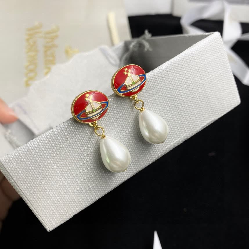 Vivienne Westwood Red Enamel Pearl Drop Earrings